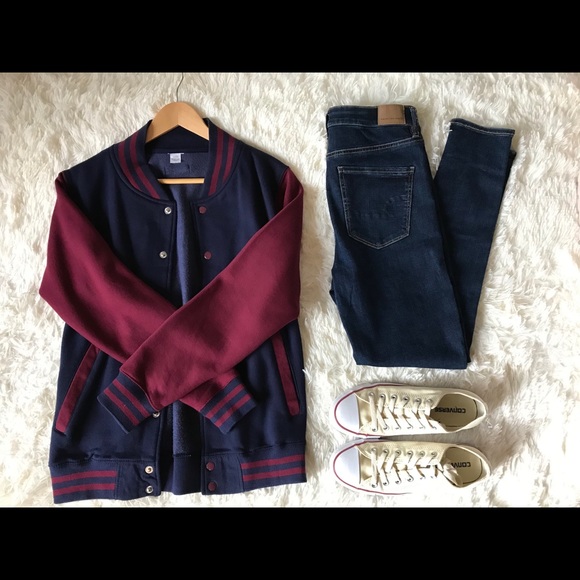 Burgundy Navy Varsity Baseball Jacket - S - Picture 2 of 10